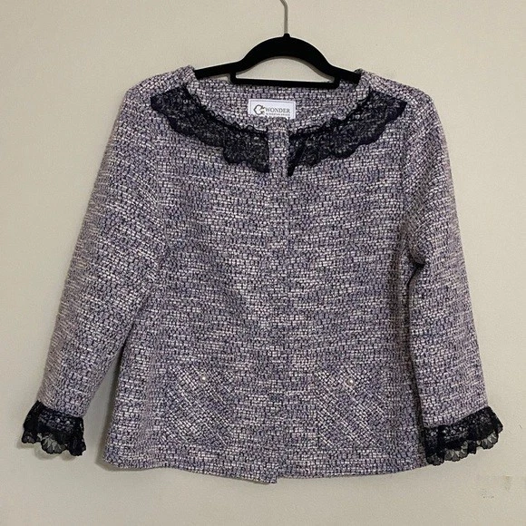 C. Wonder Women's jacket women L tweed office event Y2K Black White Lace Accent