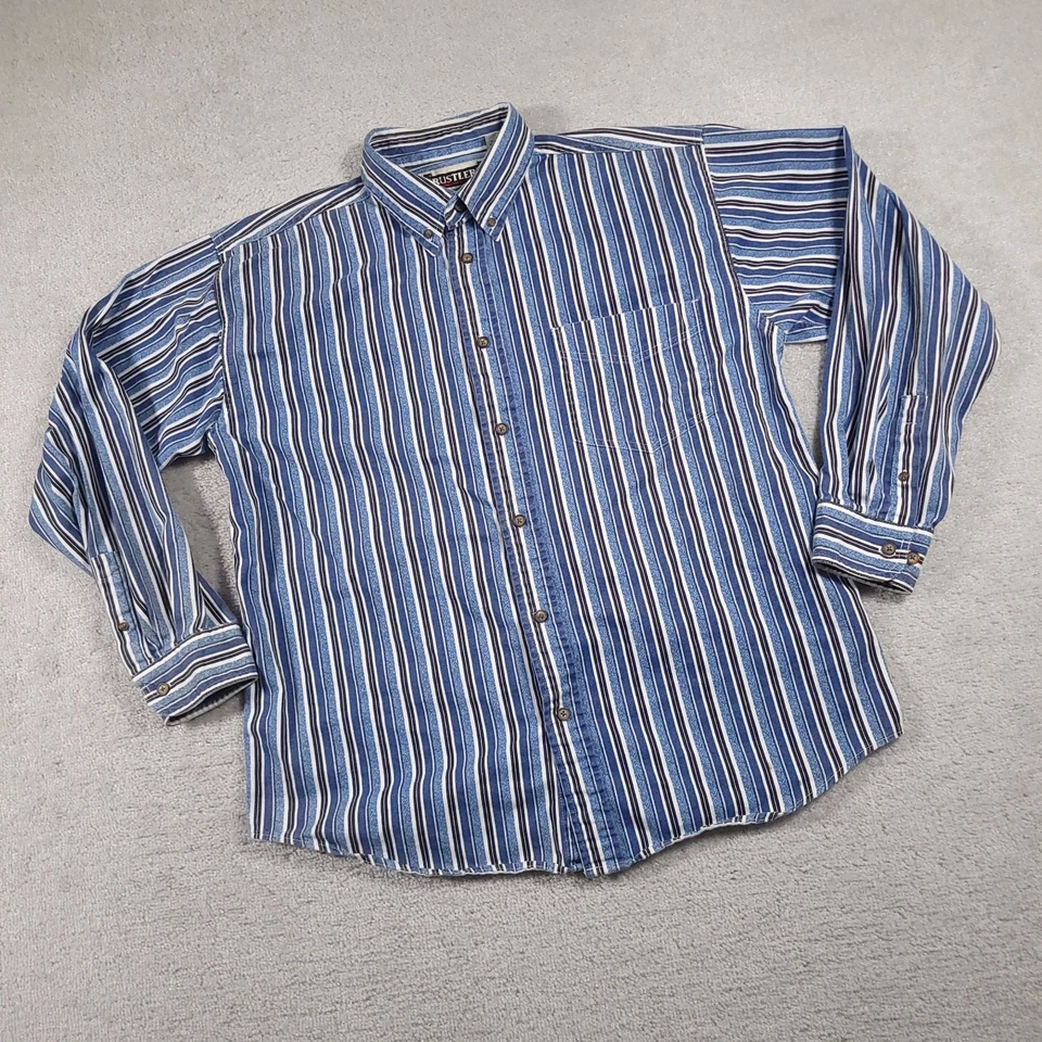 Camisa Rustler De Colección Para Hombres Grande Azul Rayas Verticales Pesada Abotonada Western Años 90 Foto 2 de 4