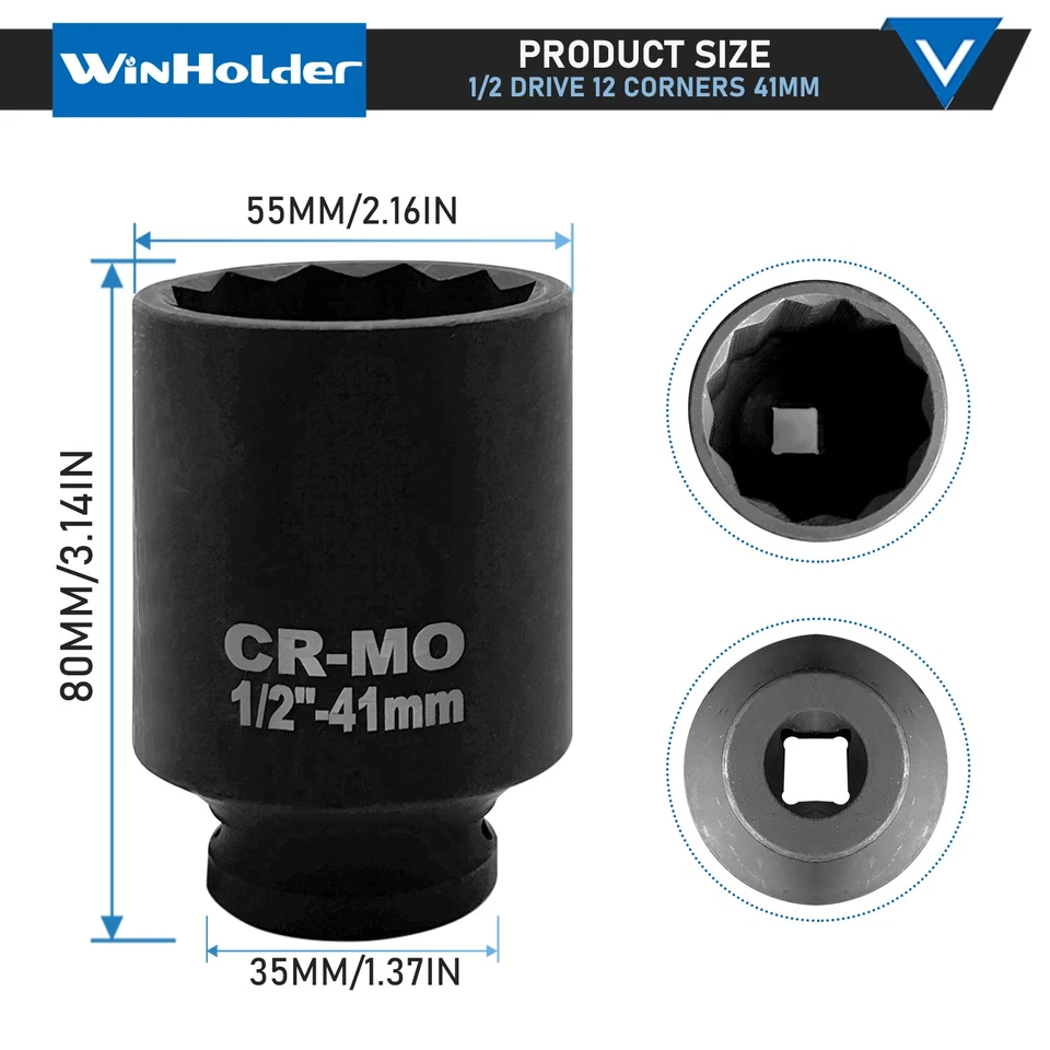 WinHolder 41mm 1/2" Drive Axle Hub Nut Socket 12 Point Deep Impact Socket Garage - Image 3 of 4