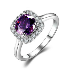 925 Sterling Silver Amethyst CZ Wedding Halo Ring Women Fashion Jewelry Band