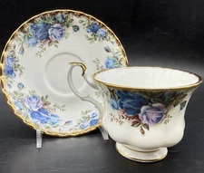 1987 Royal Albert Moonlight Rose Footed Tea Cup & Saucer Set Floral Blue England