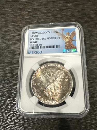 1982 Libertad DDR #1 MS67 NGC 1 onza Double Die Reverse Silver Plata Toned