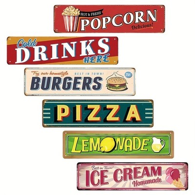 6pcs Vintage Metal Food Drink Signs Popcorn Burger Pizza Ice Cream Kitchen Decor