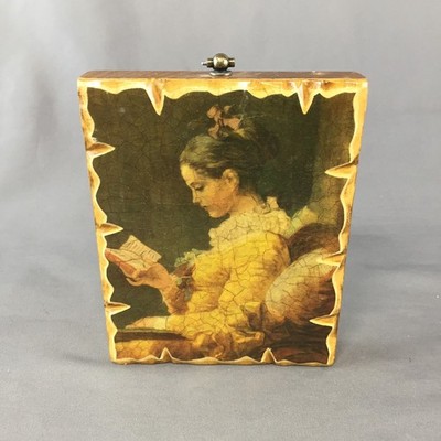 Vintage Small Wooden Shellacked Plaque ''A Young Girl Reading Book'' 5x4''
