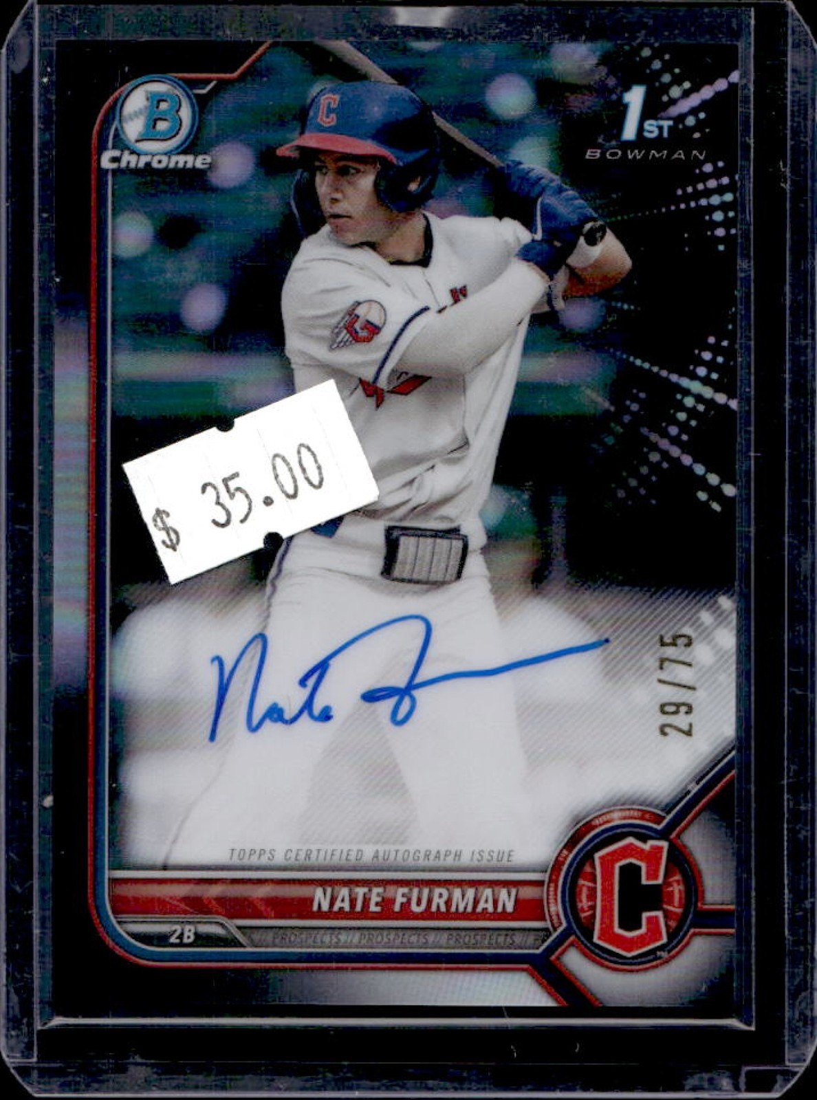 2022 Bowman Draft Nate Furman Chrome Auto Black Refractor 1st #/75 Guardians