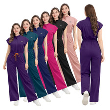 Fashion Women's Scrub Jumpsuit Zipper Collar Wide-Leg Pants Contrast Waistband