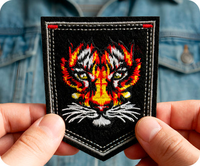 Tigergesicht auf schwarzem Schild Bügelbild Patch (9 x 7,6 cm)