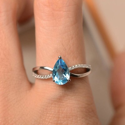 Blue Topaz Gemstone Women's Ring 925 Sterling Silver Art Deco Ring Duty Free
