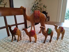 Handmade Olive Wood Large Camel w/4 Little Wood Carved Camels Decor ~Vintage~