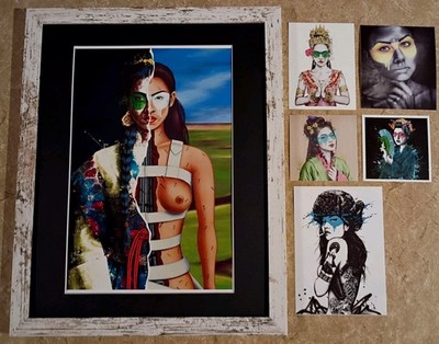 Fin DAC 11x14'' framed mural art Homeage book page Frida Kahlo +5 stickers 