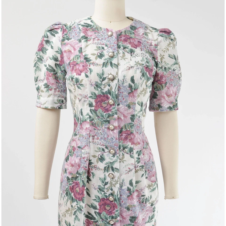Vestido Vaina Vintage Años 80 Floral Manga Abullonada Blanco Rosa Romántico Cottagecore S Foto 3 de 4