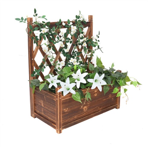 Large Wooden Planter Box Stand Flowerpot Box w/ Trellis Support Patio Lattice - Picture 13 of 16