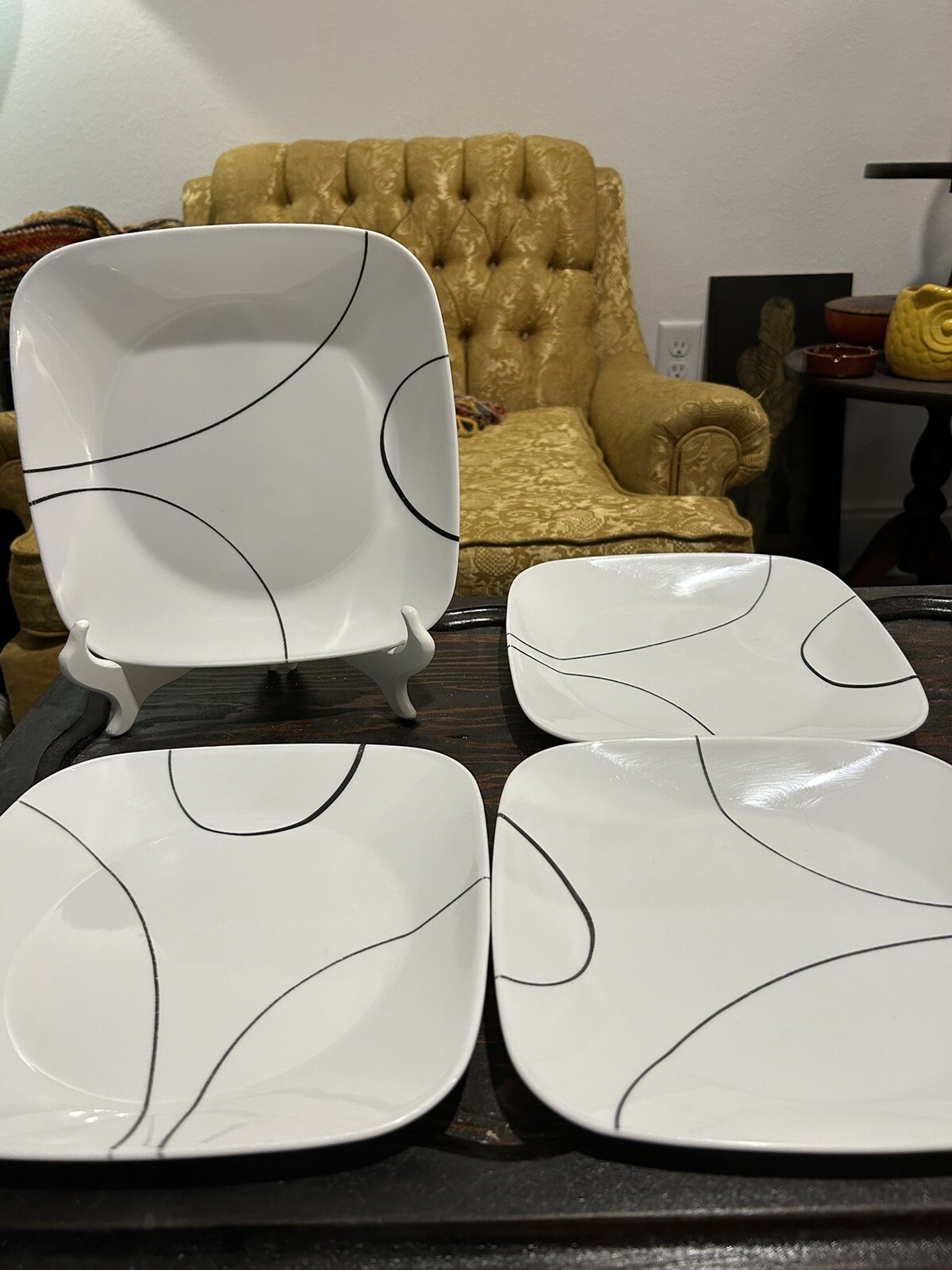 SET OF 4 Corning Corelle Square Simple Lines White Black Lunch Salad Plates 9”