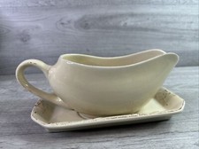 Large Size 2 Piece Gravy Boat Set Leaf Patten Ivory Microwave Safe