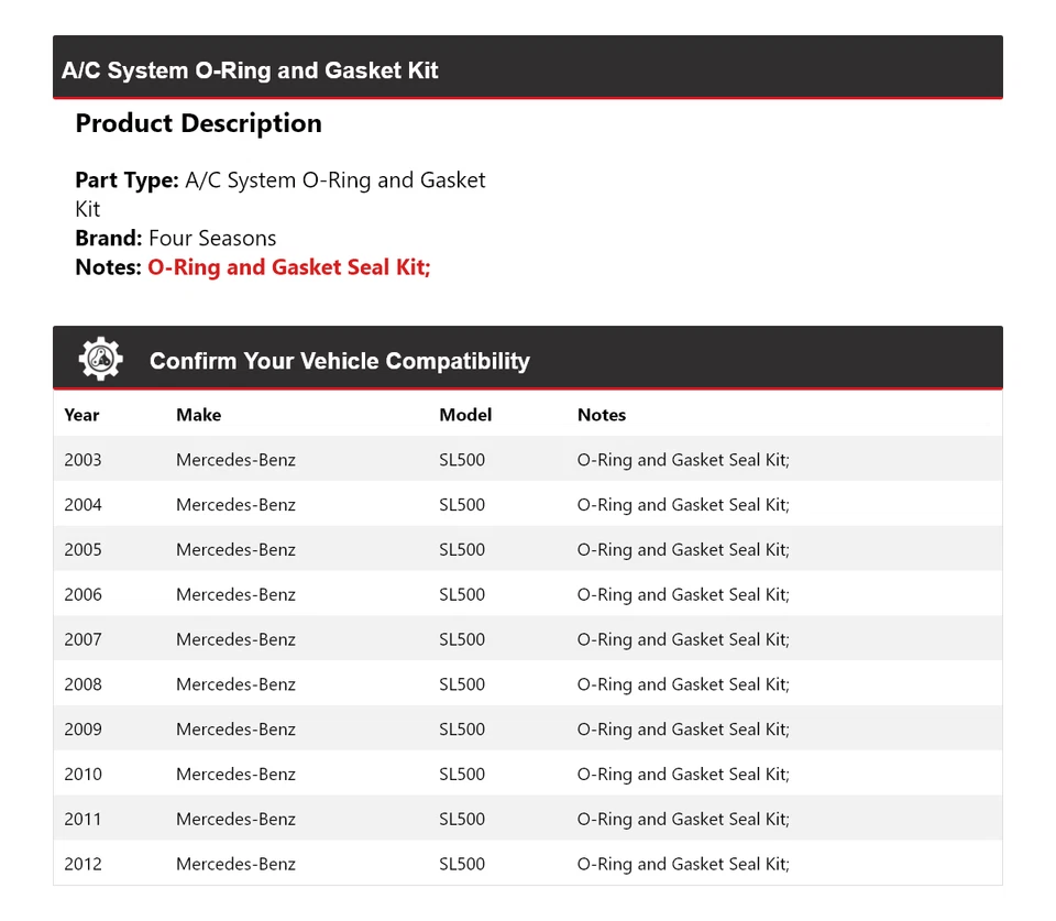 For 2003-2012 Mercedes-Benz SL500 A/C System O-Ring and Gasket Kit 4 Seasons - Image 2 of 4