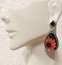 Teardrop Shape Sunflower Pattern Dangle Earrings Retro Bohemian Style 9.25 Silve