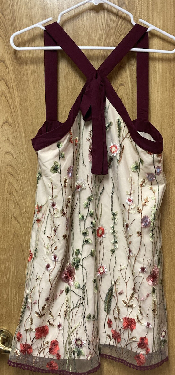 Entro Burgundy Ivory Floral halter Sleeveless Lined Minidress L 9 11