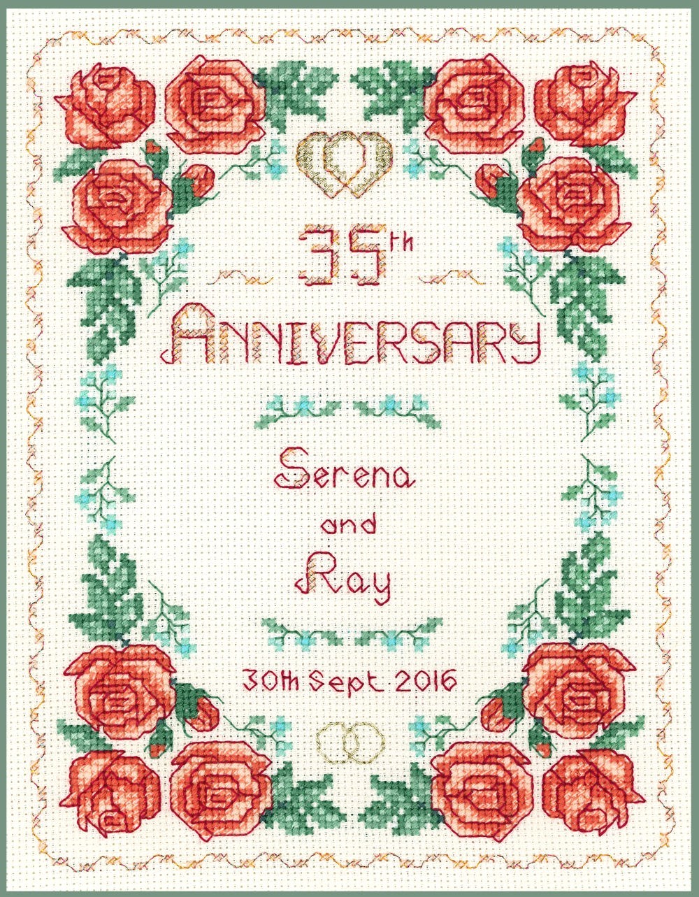 Coral Wedding Anniversary Rose Sampler for 35 years, cross stitch kit on 14 aida