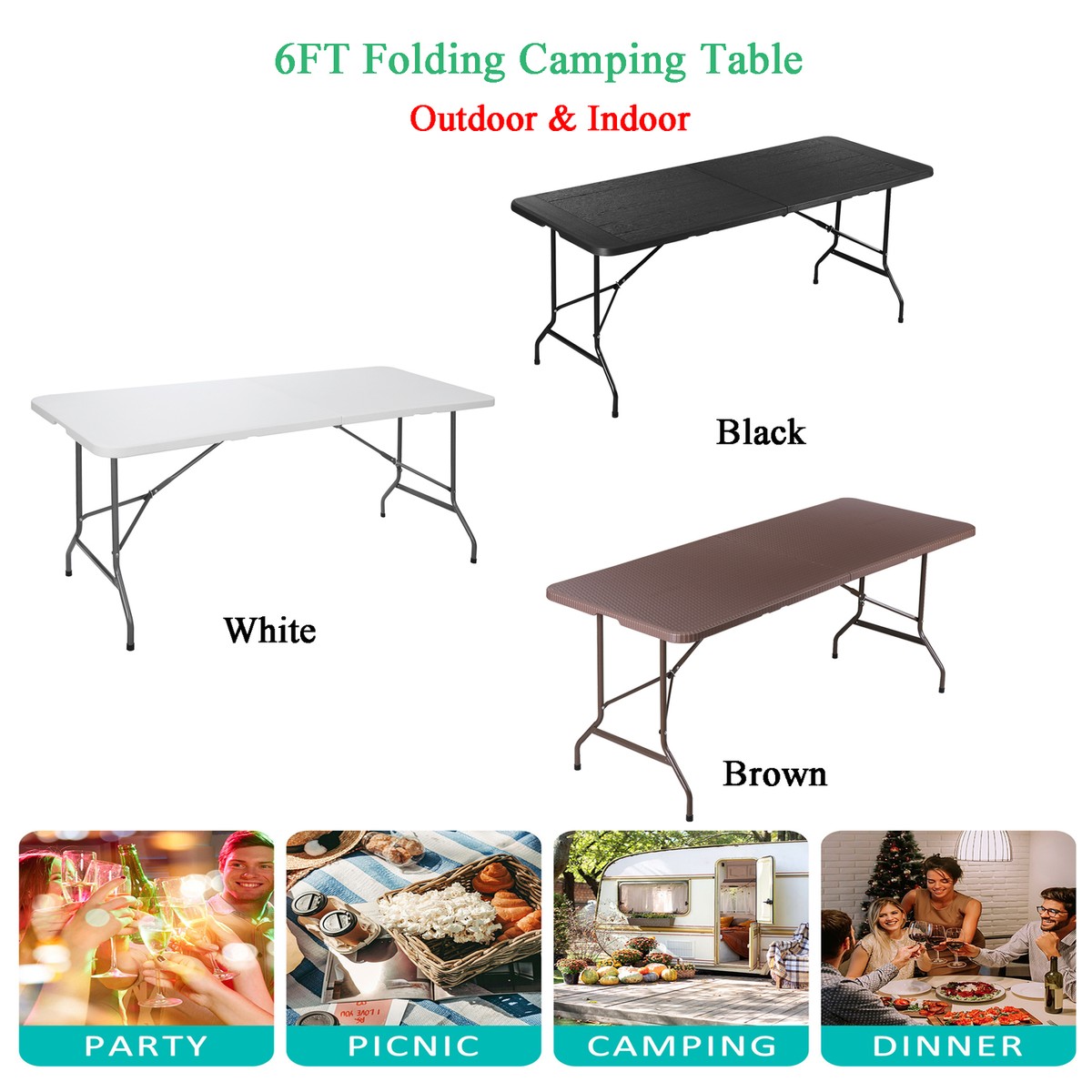 Portable 6FT Plastic Folding Table Fold-in-Half Camping Table for