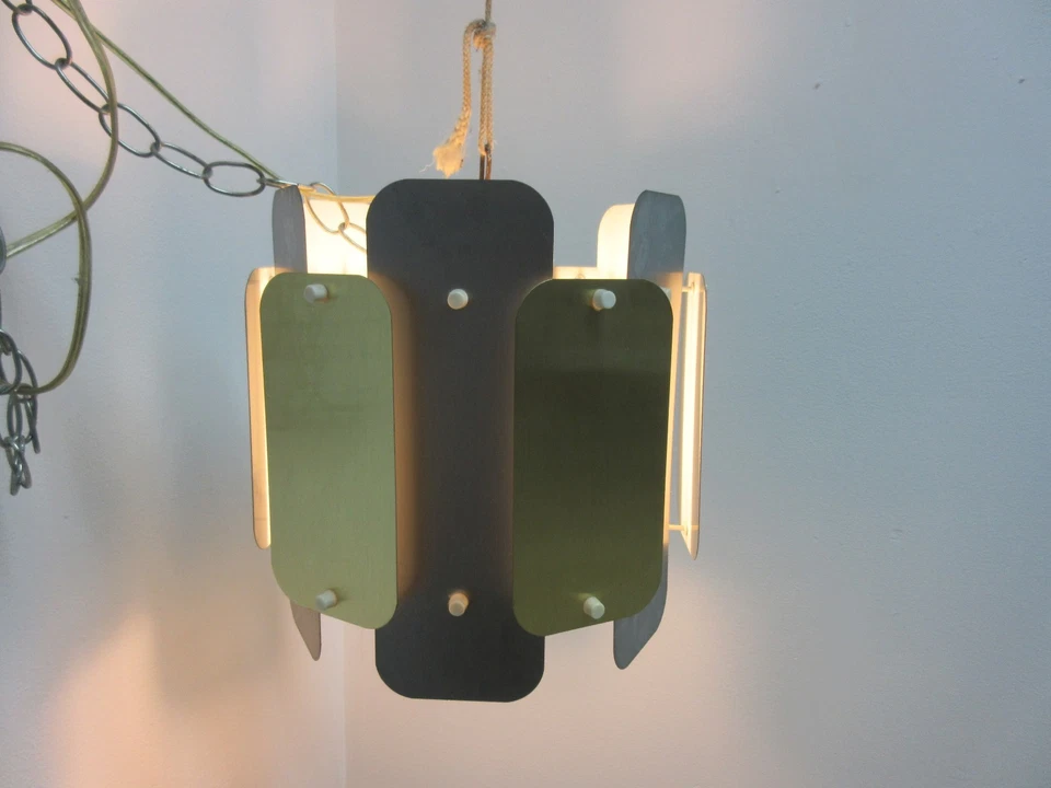 Vintage Mid Century Brass Aluminum Barrel Hanging Light Chandelier - Image 4 of 4