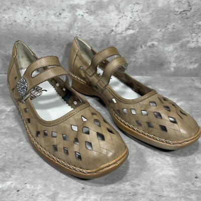 Rieker Anti Stress Brown Leather Flats Womens 9.5 ''Doris'' Mary Jane Hook & Loop
