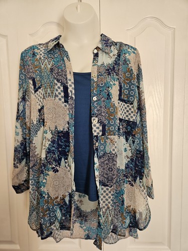 Cloth & Portrait Women's Size XXL Tunic length Blouse & Tank Top Aqua Patchwork - Picture 8 of 10