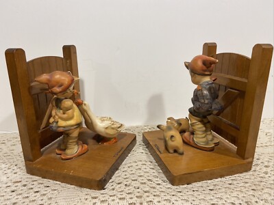 Pair Goebel MJ Hummel Wooden Gate Bookends-Goose Girl & Farm Boy W