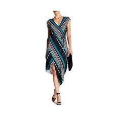 Matty M Small Faux Wrap Striped Blue Multicolored Midi Dress New $108