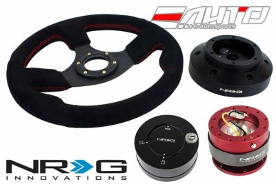 NRG 320mm Race Suede Red Stitch Steering Wheel 101H Hub 2.0 Red Release Lock LB
