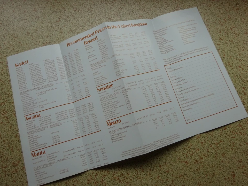 OPEL - Kadett - Ascona - Manta - Rekord - Senator - Monza....PRICES 1980 MODELS. - Image 2 of 3