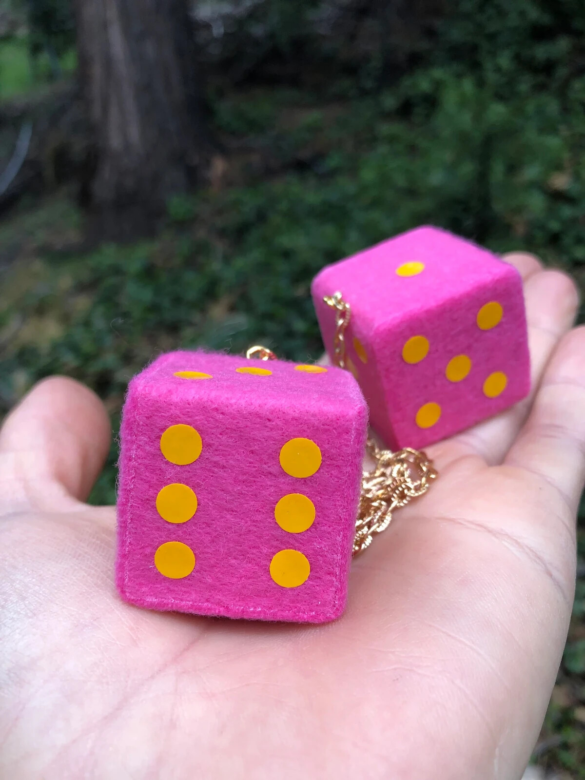 Candy Pink & Golden Yellow Fuzzy Dice! Solid Maple New Product Car or Truck