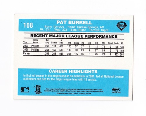 2002 Donruss Originals #108 Pat Burrell 82 Philadelphia Phillies - Picture 2 of 2