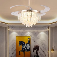 42" Crystal Ceiling Fan Chandelier with 3 Color Led Light Retractable Blades US