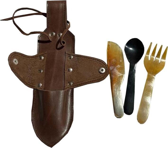 Personalised Buffalo Horn Cutlery Set with leather case, Horn Cutlery Set-f47