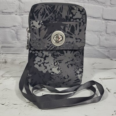 Baggallini Crossbody Bag Gray Black Print Foliage Leaves Carry Tote 