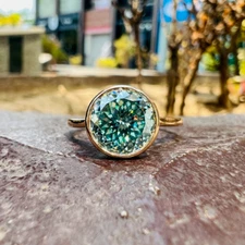 3 Ct Blue Treated Diamond Ring Portuguese Cut In Yellow Gold Finish Certified !