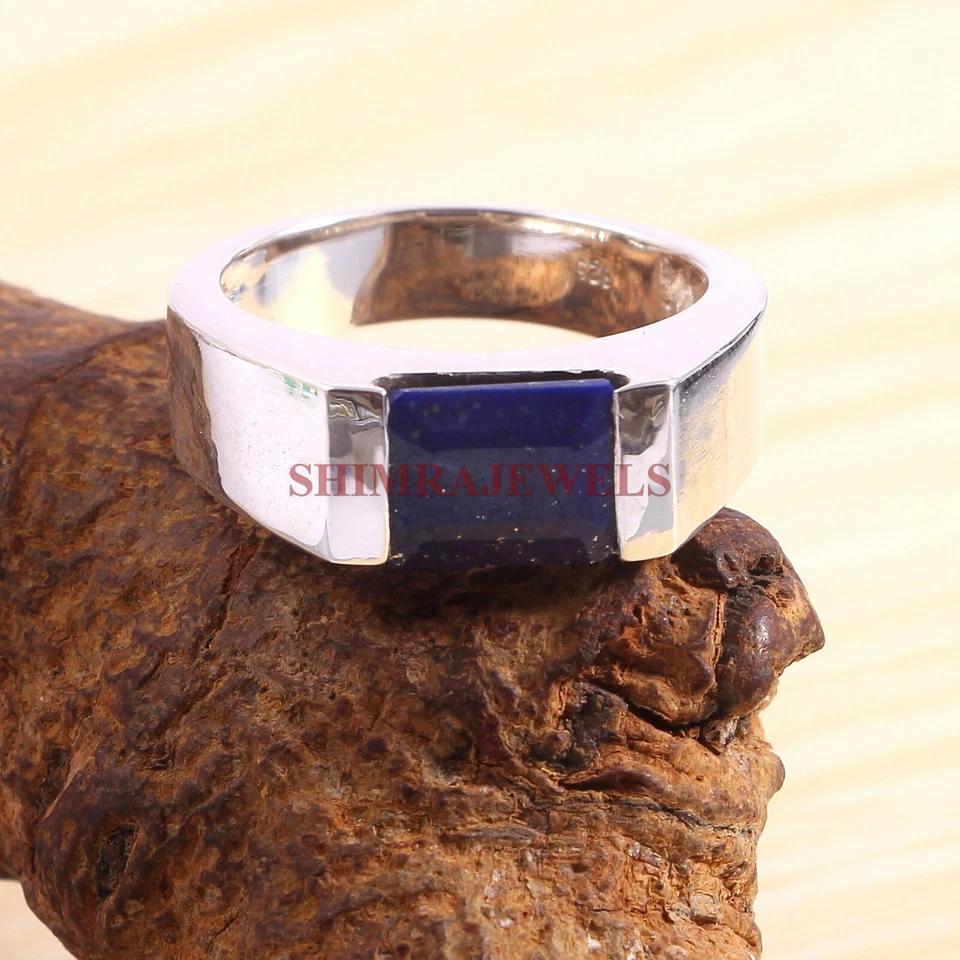 Piedra preciosa de lapislázuli natural con anillo de plata enchapado en oro blanco de 18 quilates para hombre #6 Foto 2 de 3