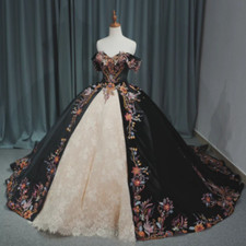 Gothic Quinceanera Dresses Embroidery Off Shoulder Floral Sweet 15 16 Ball Gowns