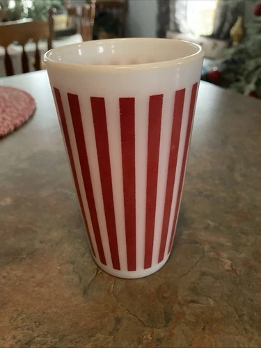 VINTAGE RED Hazel ATLAS CANDY STRIPE GLASS TUMBLER 5" MILK GLASS