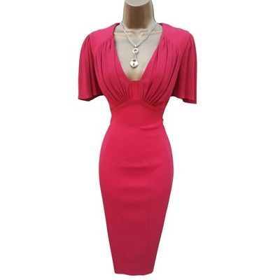 Karen Millen Bleistiftkleid 8 UK pinkrot Flatterärmel gerafft tief ausgeschnitten