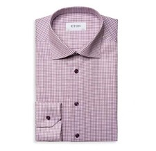 Eton Men's Slim Fit Check-Print Stretch Shirt Pink/Red Size 15 - 38 New 260