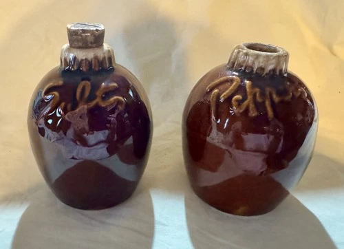 vintage Hull Pottery brown drip glaze salt and pepper shakers