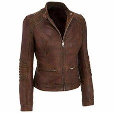 Womens Latest Cafe Racer Moto Biker Distressed Brown Vintage Real Leather Jacket