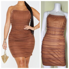 PrettyLittleThing Mesh Corset Ruched Bodycon Dress Size XS Brown Strapless Mini