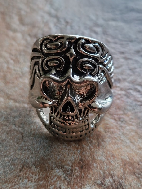 Men's Silver Tone Skull Theme Band Ring -  Read Description