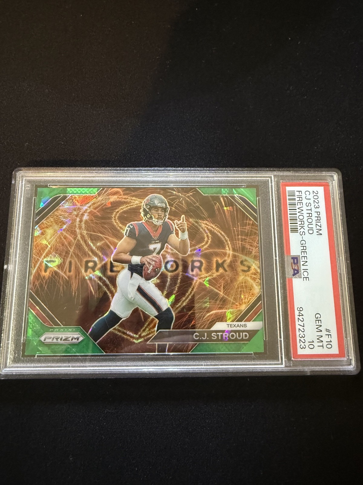 2023 Panini Prizm - Fireworks C.J. Stroud #F10 Green Ice Prizm (RC) PSA GEM 10
