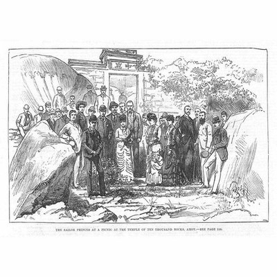 CHINA Picknick am Tempel der zehntausend Felsen bei Amoy - Antikdruck 1882