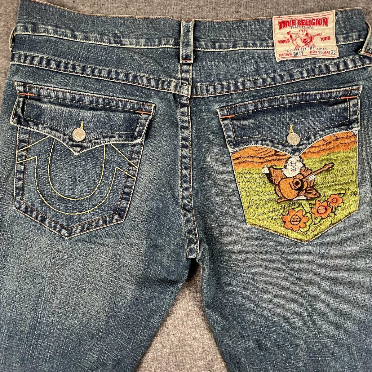 True Religion Billy Jeans Mens 40x33 Blue Embroidered Buddha