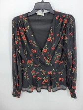 Ember Anthropologie Top Womens Large Black Red Floral Mock Wrap Boho Romantic