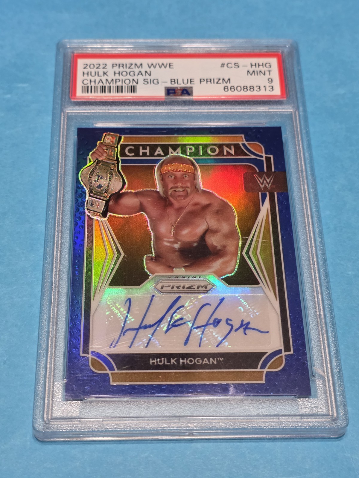 2022 Panini Prizm WWE Legendary Signatures Blue Hulk Hogan # 40/49 PSA 9 Auto view 1